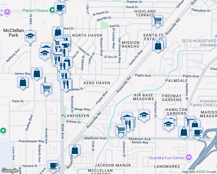 map of restaurants, bars, coffee shops, grocery stores, and more near 5508 Poplar Boulevard in North Highlands