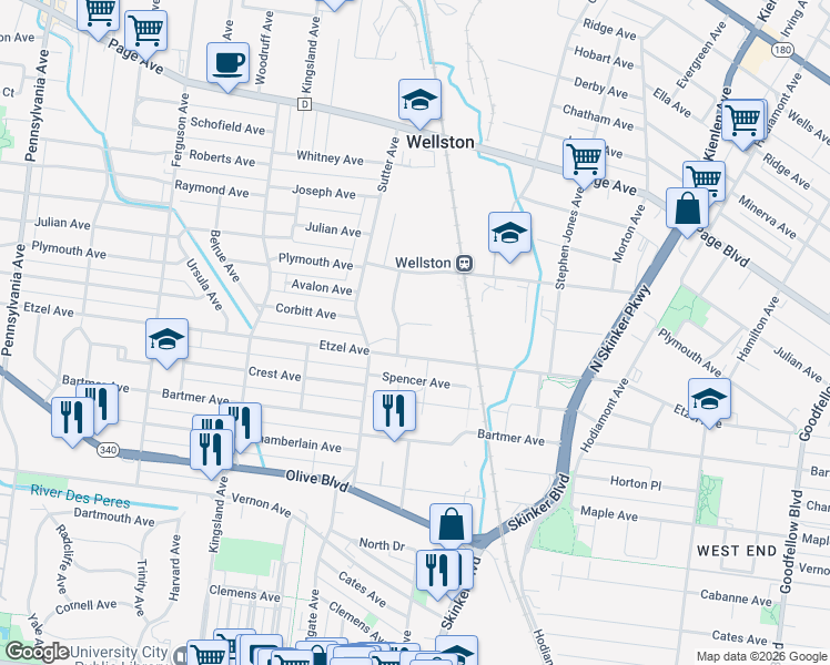 map of restaurants, bars, coffee shops, grocery stores, and more near 6402 Sparta Court in St. Louis