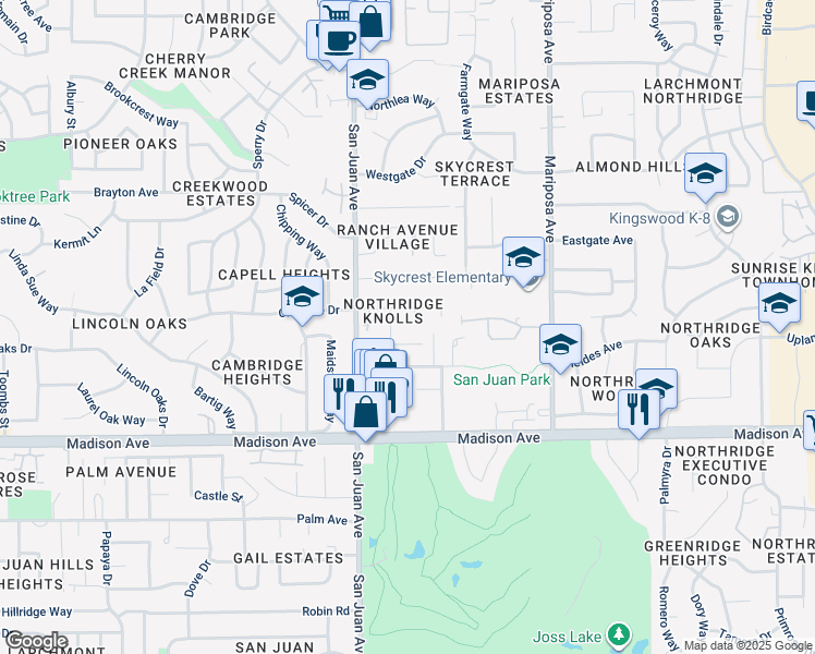 map of restaurants, bars, coffee shops, grocery stores, and more near 5543 Aspenwood Court in Citrus Heights