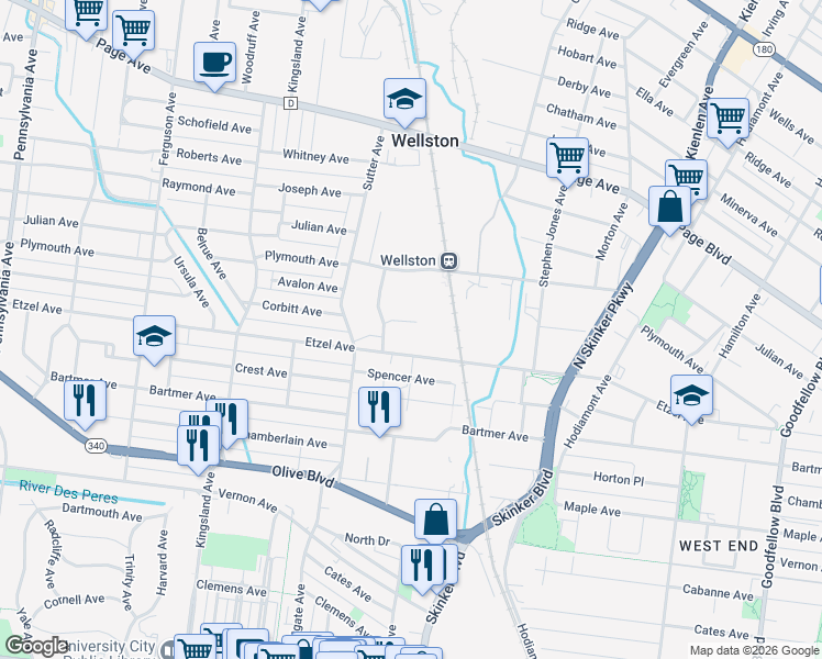 map of restaurants, bars, coffee shops, grocery stores, and more near 6402 Sparta Court in St. Louis