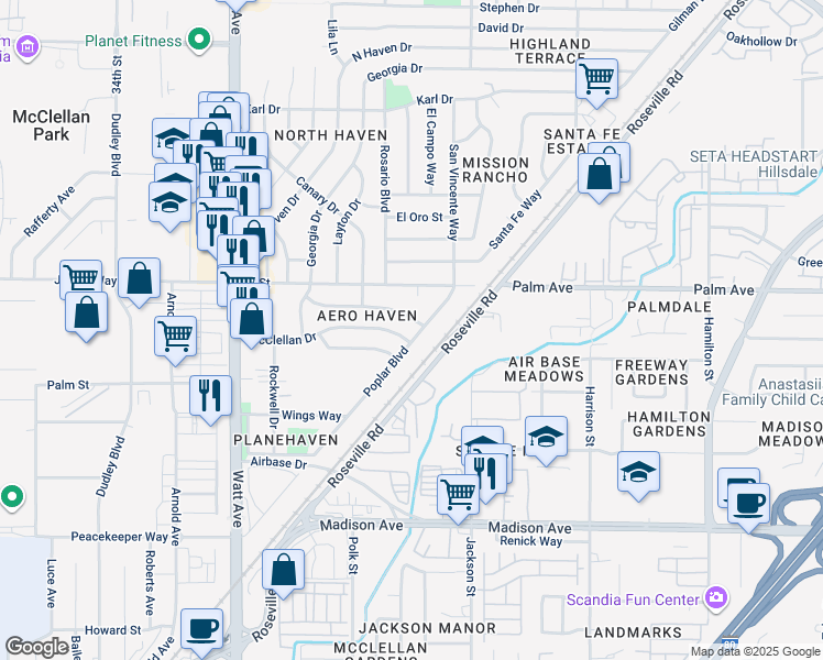 map of restaurants, bars, coffee shops, grocery stores, and more near 5508 Poplar Boulevard in North Highlands