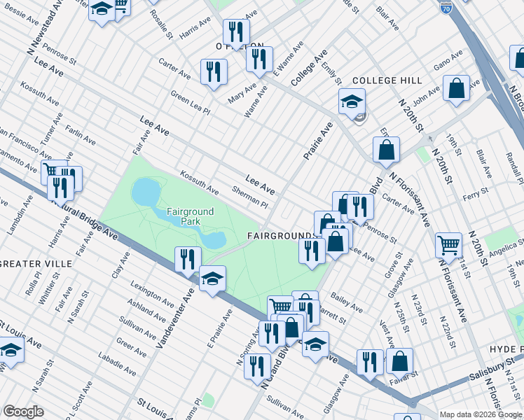 map of restaurants, bars, coffee shops, grocery stores, and more near 3819 Kossuth Avenue in St. Louis