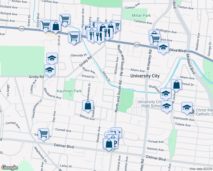 map of restaurants, bars, coffee shops, grocery stores, and more near 977 Warder Avenue in University City