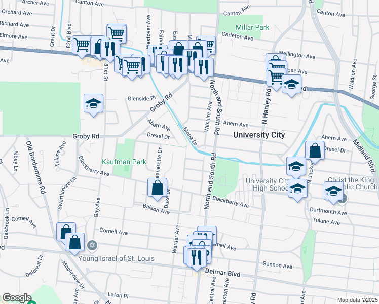 map of restaurants, bars, coffee shops, grocery stores, and more near 977 Warder Avenue in University City