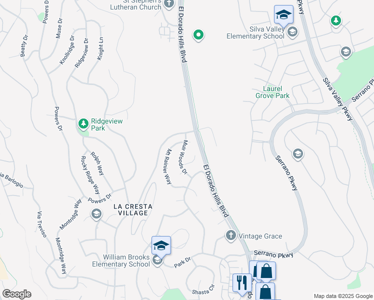 map of restaurants, bars, coffee shops, grocery stores, and more near 3046 Muir Woods Drive in El Dorado Hills
