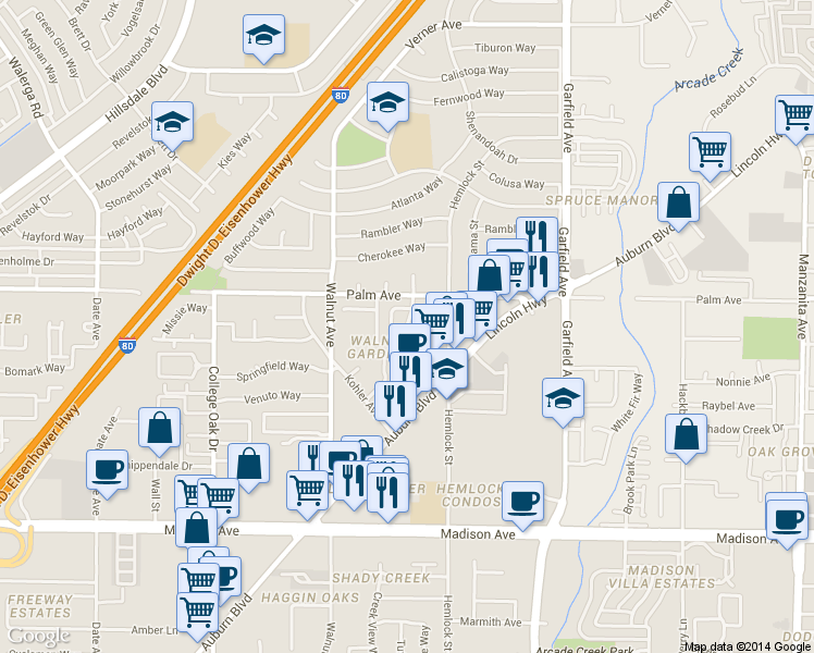map of restaurants, bars, coffee shops, grocery stores, and more near 5520 Foothill Garden Court in Sacramento