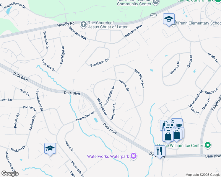 map of restaurants, bars, coffee shops, grocery stores, and more near 13208 Nottingdale Drive in Woodbridge