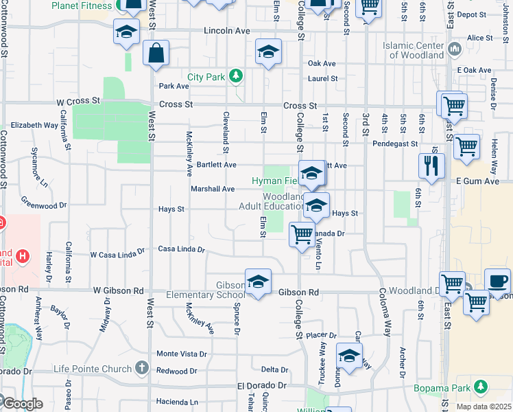 map of restaurants, bars, coffee shops, grocery stores, and more near 231 Hays Street in Woodland
