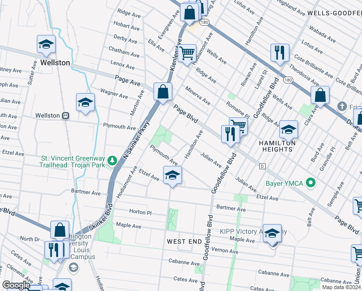 map of restaurants, bars, coffee shops, grocery stores, and more near 1243 Oakley Place in St. Louis
