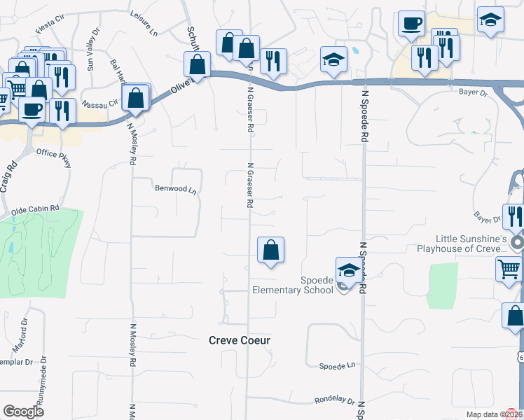 map of restaurants, bars, coffee shops, grocery stores, and more near 10955 Chalet Court in Creve Coeur