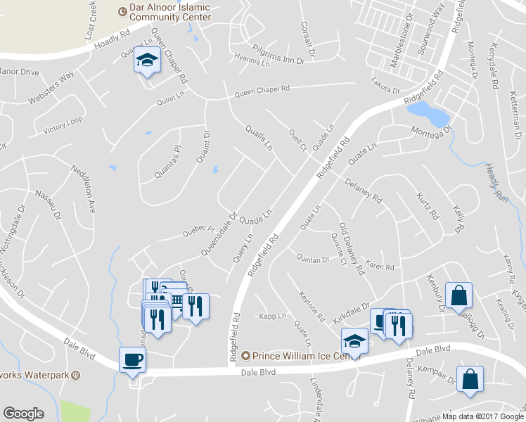 map of restaurants, bars, coffee shops, grocery stores, and more near 13168 Quade Lane in Woodbridge