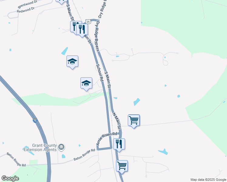 map of restaurants, bars, coffee shops, grocery stores, and more near 155 School Road in Dry Ridge
