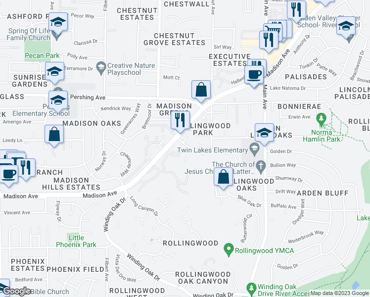 map of restaurants, bars, coffee shops, grocery stores, and more near 9216 Blue Oak Drive in Orangevale