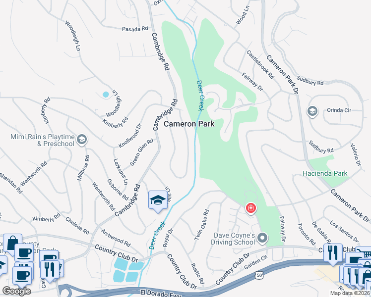 map of restaurants, bars, coffee shops, grocery stores, and more near 3599 Montclair Road in Cameron Park