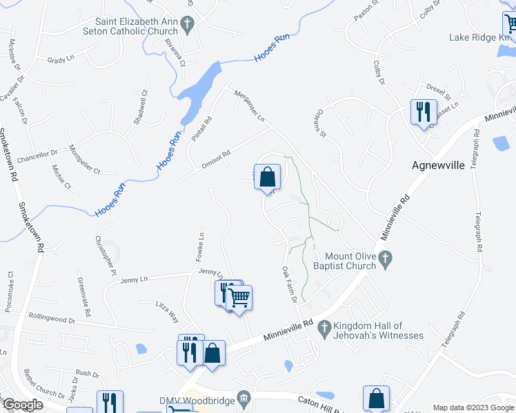 map of restaurants, bars, coffee shops, grocery stores, and more near 13170 Oak Farm Drive in Woodbridge