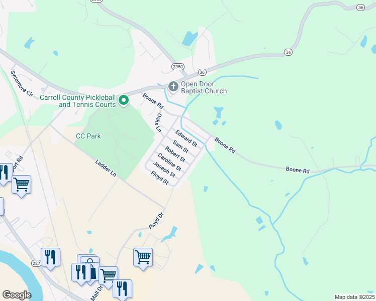 map of restaurants, bars, coffee shops, grocery stores, and more near Sam Street in Carrollton