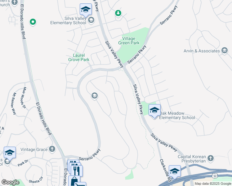 map of restaurants, bars, coffee shops, grocery stores, and more near 5004 Mertola Drive in El Dorado Hills