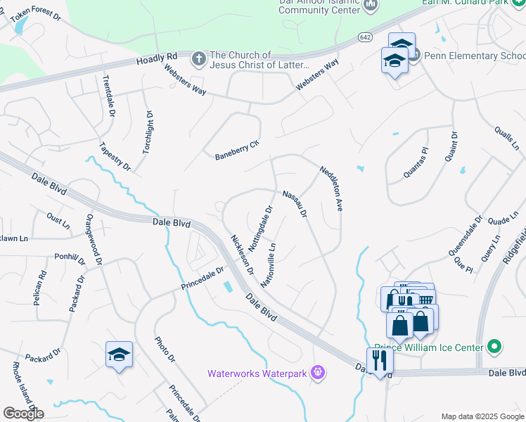 map of restaurants, bars, coffee shops, grocery stores, and more near 13208 Nottingdale Drive in Woodbridge