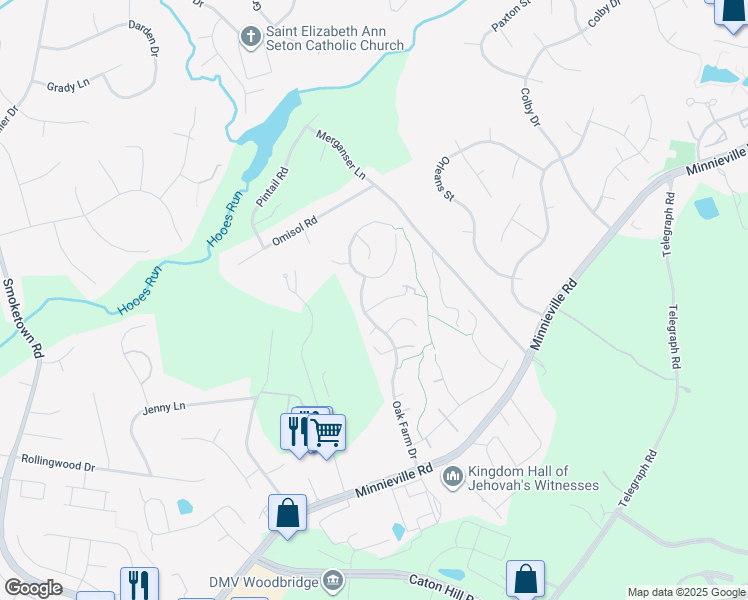 map of restaurants, bars, coffee shops, grocery stores, and more near 2808 White Birch Court in Woodbridge