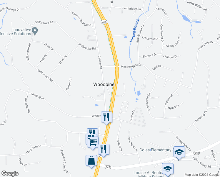 map of restaurants, bars, coffee shops, grocery stores, and more near 13209 Woodbine Road in Manassas