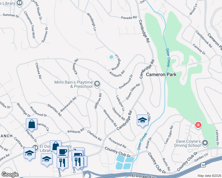 map of restaurants, bars, coffee shops, grocery stores, and more near 2954 Knollwood Drive in Cameron Park