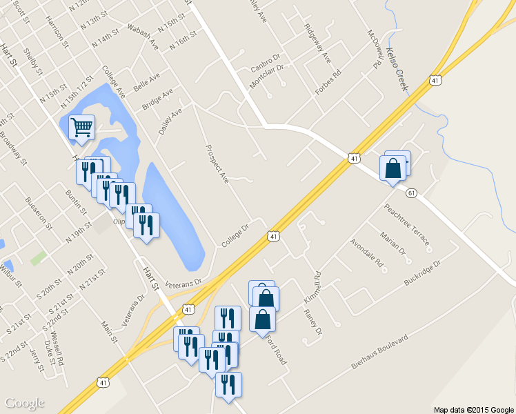 map of restaurants, bars, coffee shops, grocery stores, and more near 2024 Prospect Avenue in Vincennes
