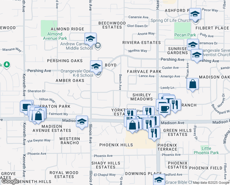 map of restaurants, bars, coffee shops, grocery stores, and more near 5540 Waldron Street in Fair Oaks