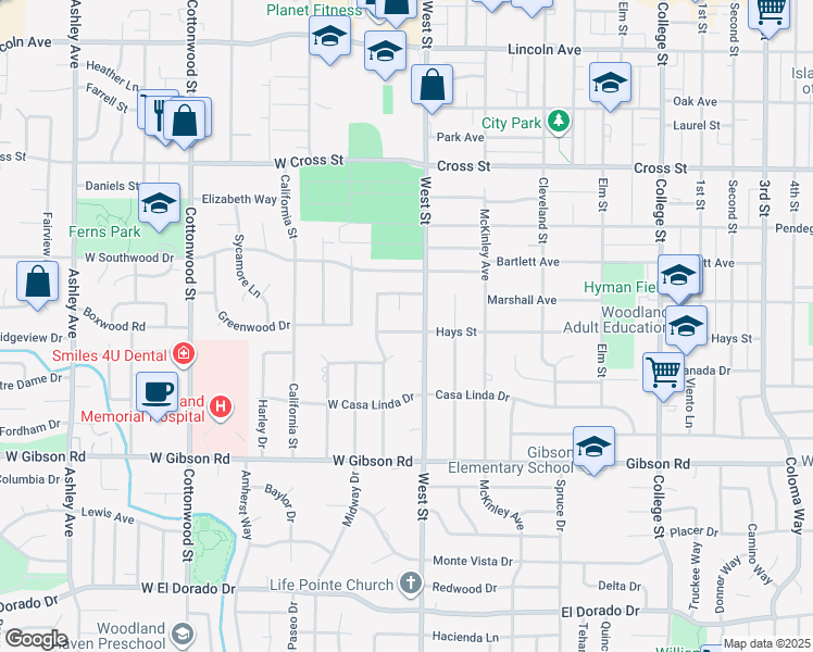 map of restaurants, bars, coffee shops, grocery stores, and more near 10 West Hays Street in Woodland