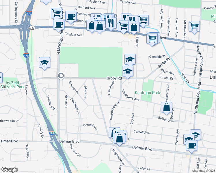 map of restaurants, bars, coffee shops, grocery stores, and more near 8270 Tulane Avenue in St. Louis