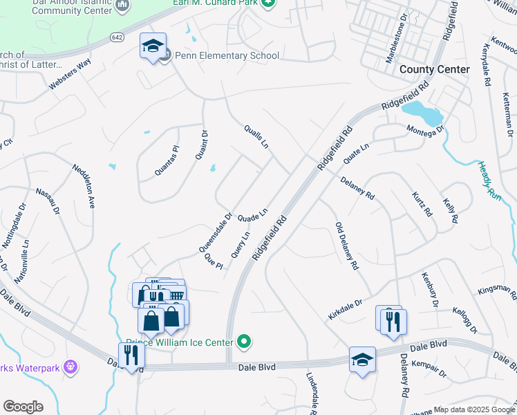 map of restaurants, bars, coffee shops, grocery stores, and more near 13168 Quade Lane in Woodbridge