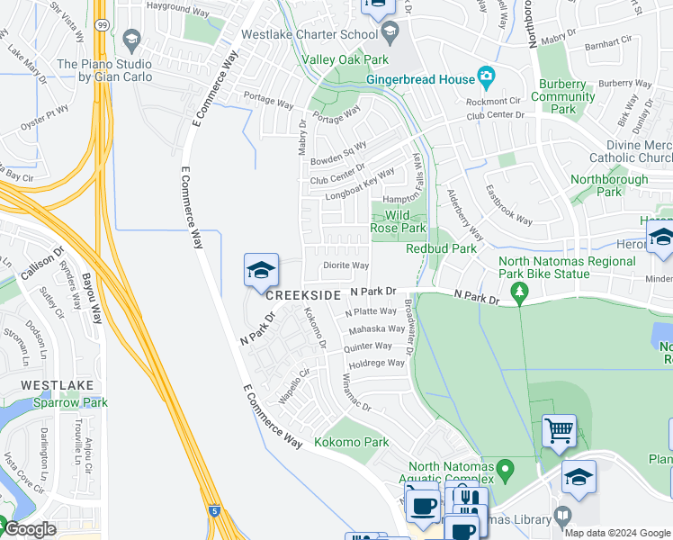 map of restaurants, bars, coffee shops, grocery stores, and more near 3004 Diorite Way in Sacramento