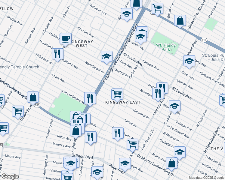 map of restaurants, bars, coffee shops, grocery stores, and more near 4934 Highland Avenue in Saint Louis
