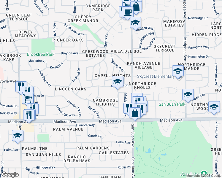 map of restaurants, bars, coffee shops, grocery stores, and more near 5555 Fleetwood Drive in Citrus Heights