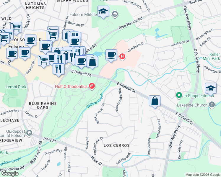 map of restaurants, bars, coffee shops, grocery stores, and more near 106 Black Powder Circle in Folsom