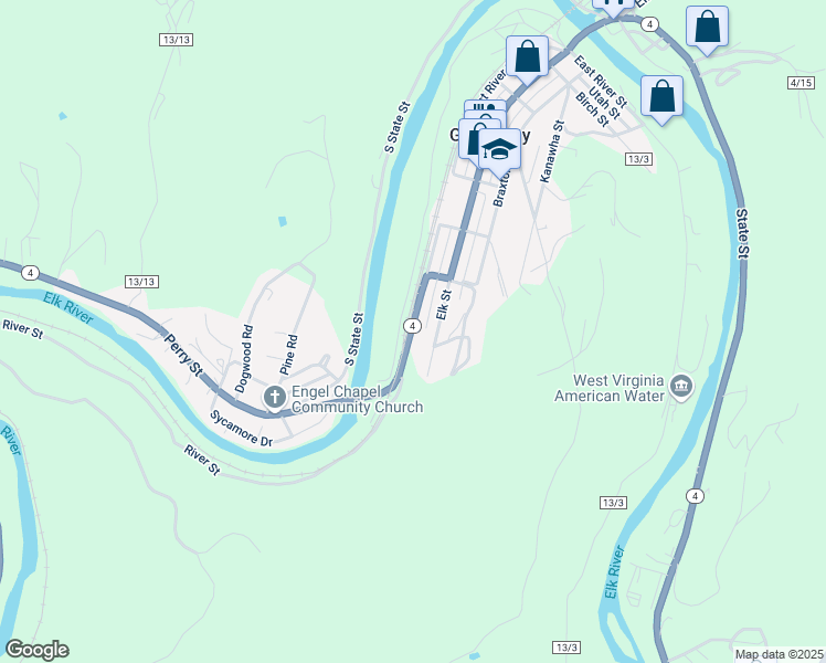 map of restaurants, bars, coffee shops, grocery stores, and more near 955 River Street in Gassaway