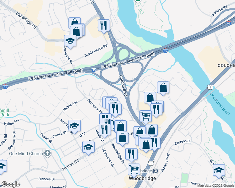 map of restaurants, bars, coffee shops, grocery stores, and more near 1201 Fox Run Place in Woodbridge