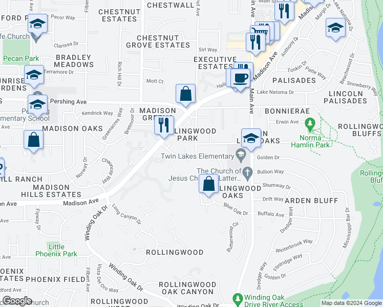 map of restaurants, bars, coffee shops, grocery stores, and more near 9251 Blue Oak Drive in Orangevale