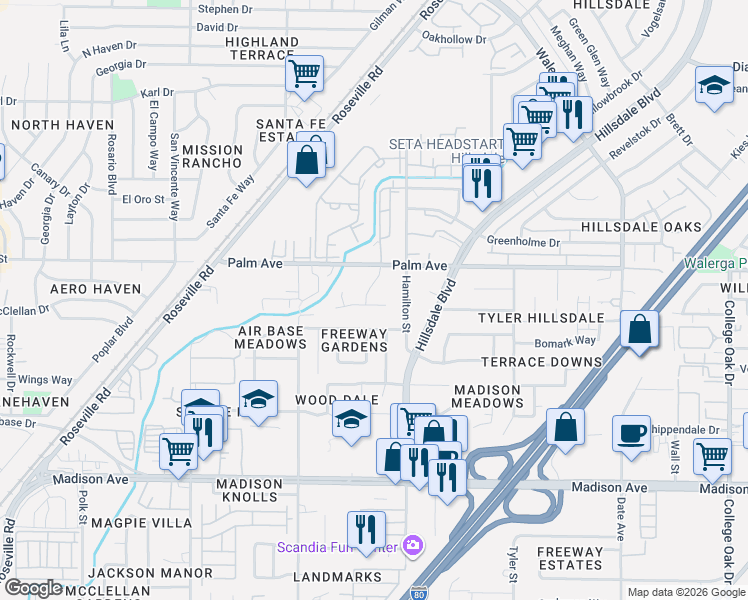 map of restaurants, bars, coffee shops, grocery stores, and more near 4206 Watrous Avenue in Sacramento