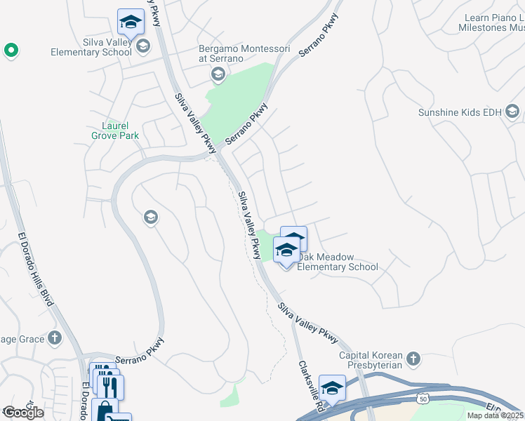 map of restaurants, bars, coffee shops, grocery stores, and more near 2130 Armsmere Circle in El Dorado Hills
