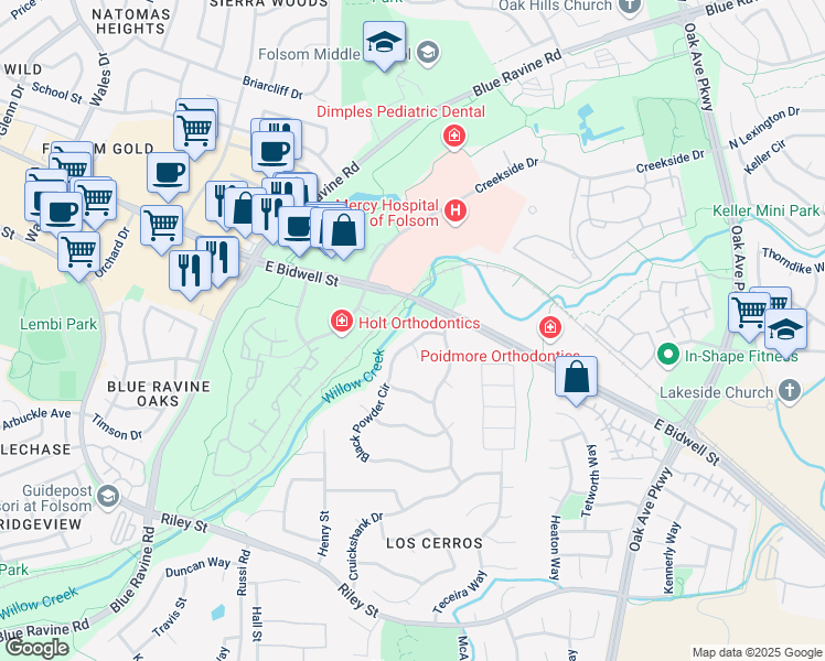 map of restaurants, bars, coffee shops, grocery stores, and more near 106 Black Powder Circle in Folsom
