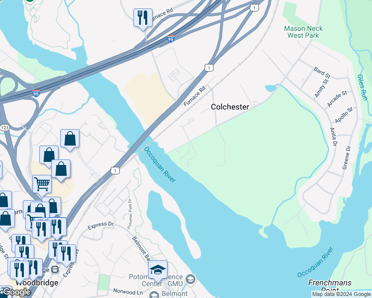 map of restaurants, bars, coffee shops, grocery stores, and more near 10719 Old Colchester Road in Lorton