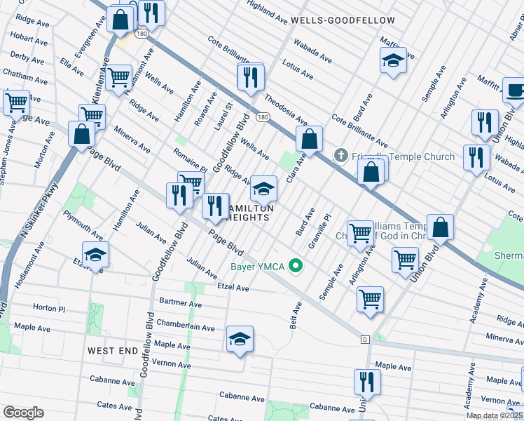 map of restaurants, bars, coffee shops, grocery stores, and more near 1355 Clara Avenue in St. Louis