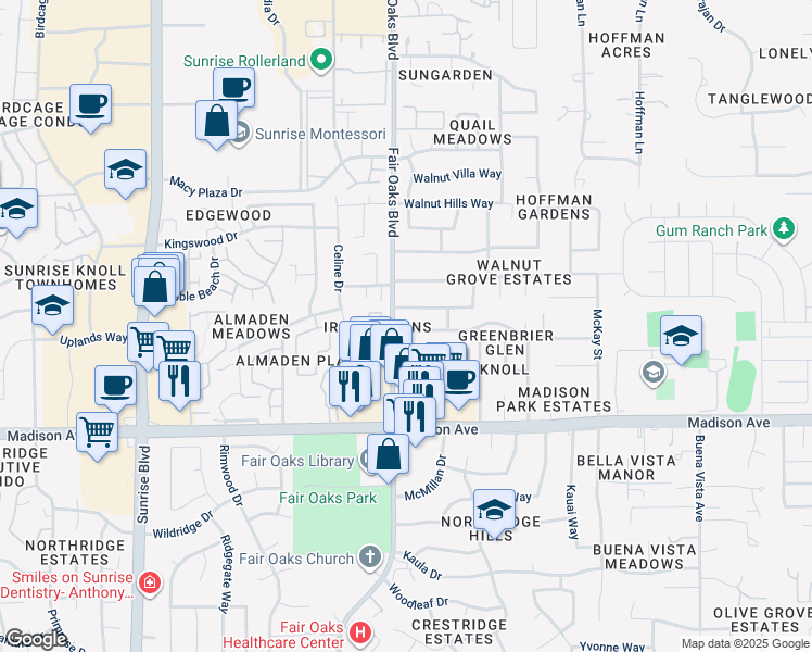 map of restaurants, bars, coffee shops, grocery stores, and more near 8110 Deseret Avenue in Fair Oaks