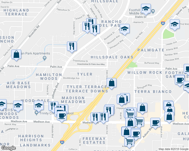 map of restaurants, bars, coffee shops, grocery stores, and more near 5532 Moorhouse Court in Sacramento