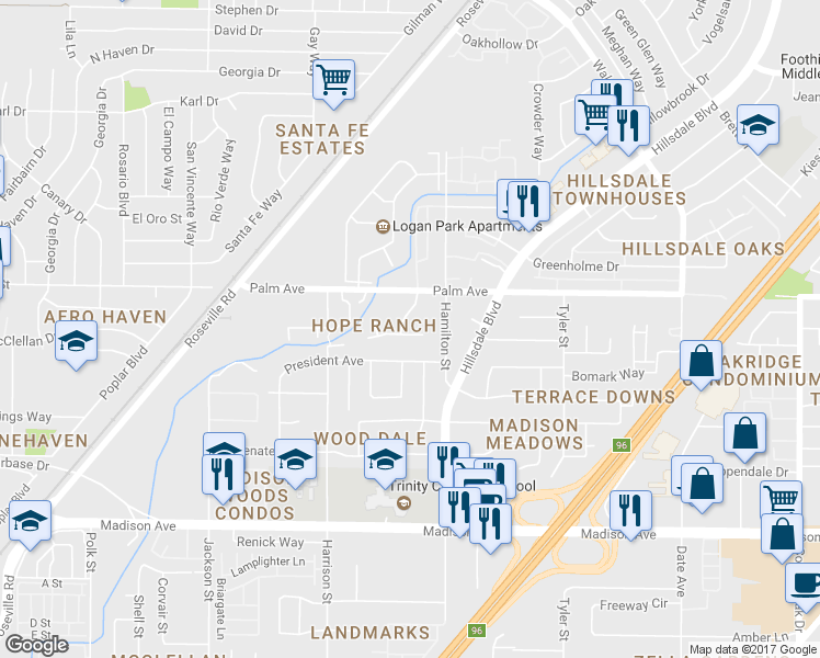 map of restaurants, bars, coffee shops, grocery stores, and more near 4206 Watrous Avenue in Sacramento
