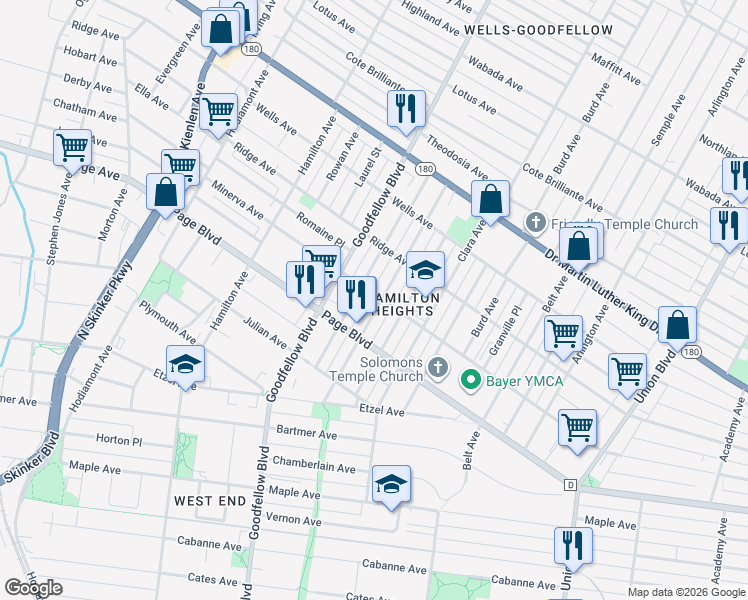 map of restaurants, bars, coffee shops, grocery stores, and more near 1342 Blackstone Avenue in St. Louis