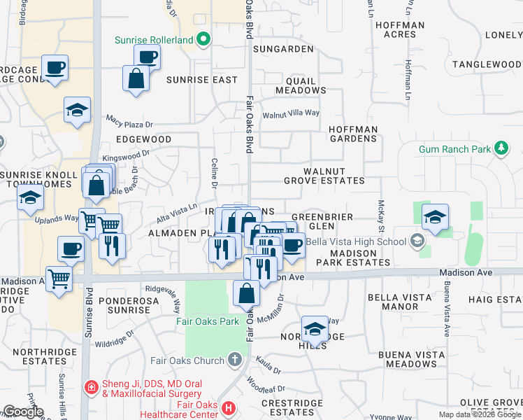 map of restaurants, bars, coffee shops, grocery stores, and more near 8111 Deseret Avenue in Fair Oaks