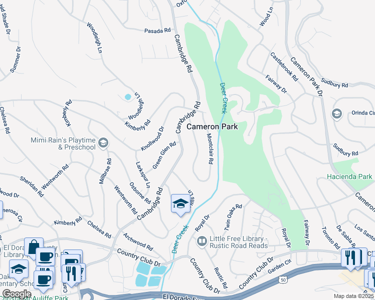 map of restaurants, bars, coffee shops, grocery stores, and more near 3605 Cambridge Road in Shingle Springs