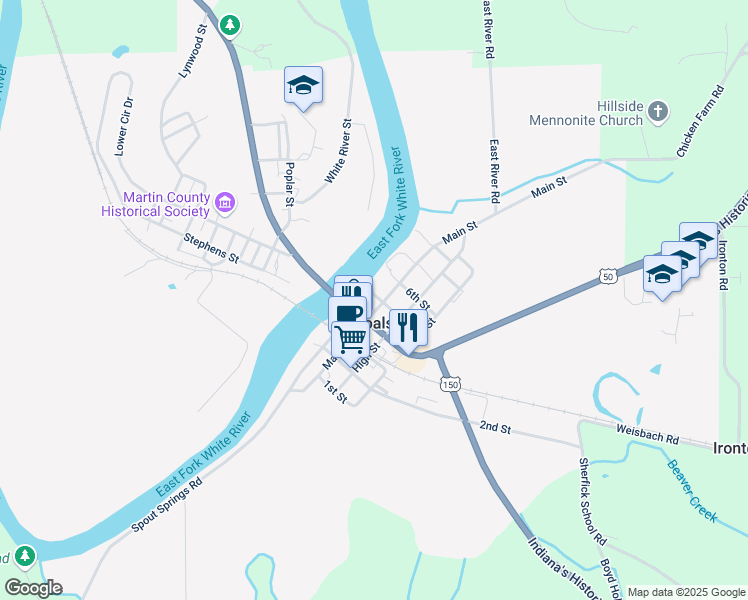 map of restaurants, bars, coffee shops, grocery stores, and more near 108 5th Street in Shoals