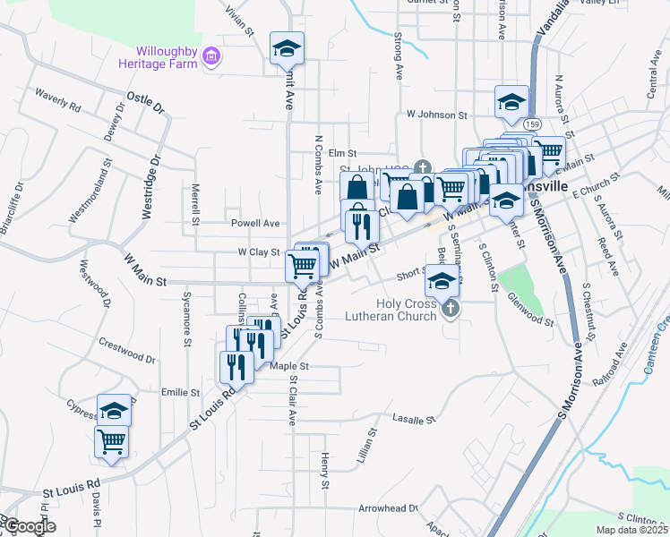 map of restaurants, bars, coffee shops, grocery stores, and more near 708 West Main Street in Collinsville